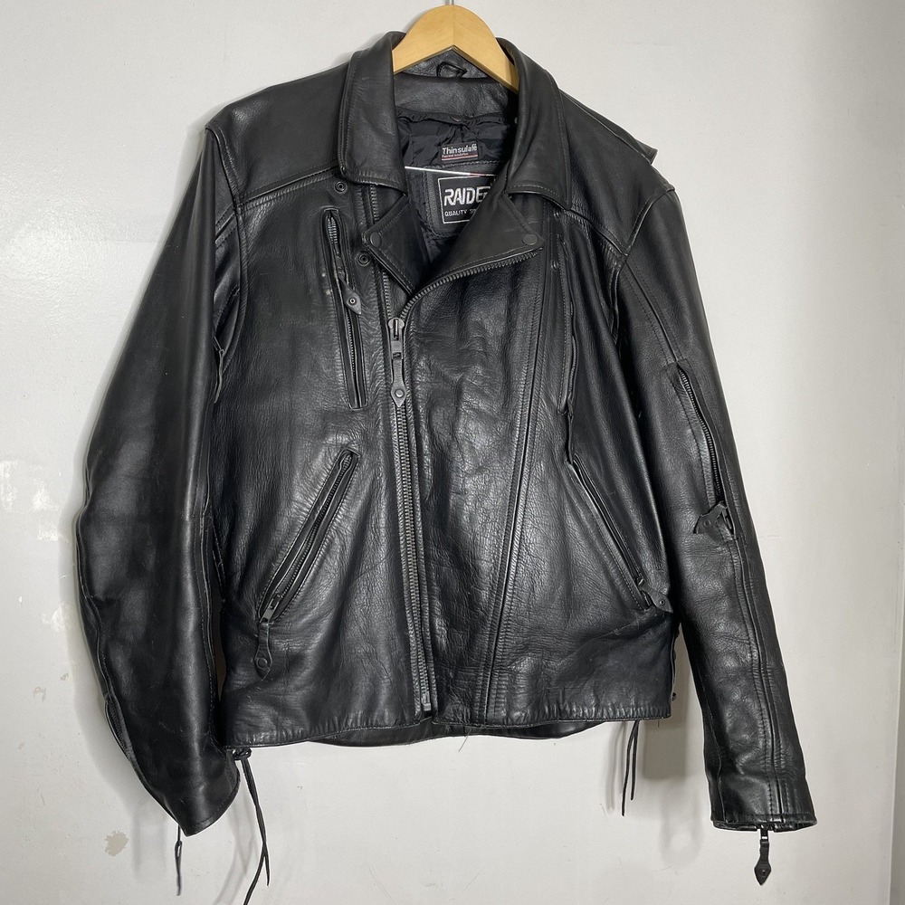 Mens vintage Raider Heavy Leather motorcycle‎ jacket size 46 XL 1970's authentic